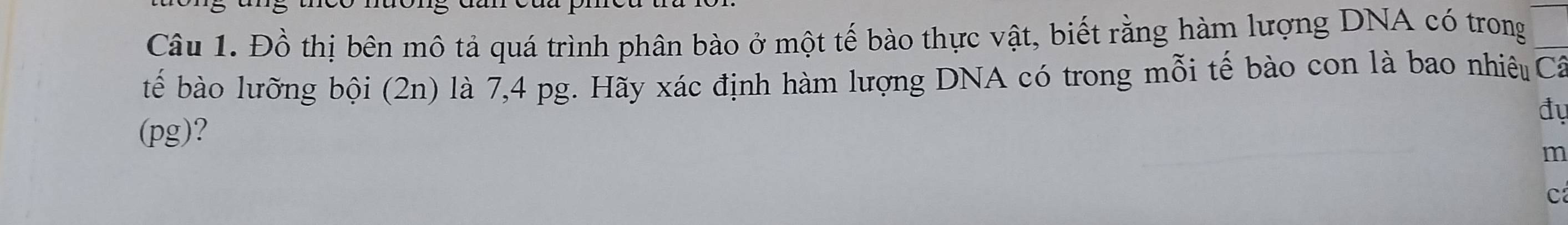Đồ thị bên mô tả quá trình phân bào ở một tế bào thực vật, biết rằng hàm lượng DNA có trong 
tể bào lưỡng bội (2n) là 7, 4 pg. Hãy xác định hàm lượng DNA có trong mỗi tế bào con là bao nhiệ Cá 
đự 
(pg)?
m
c