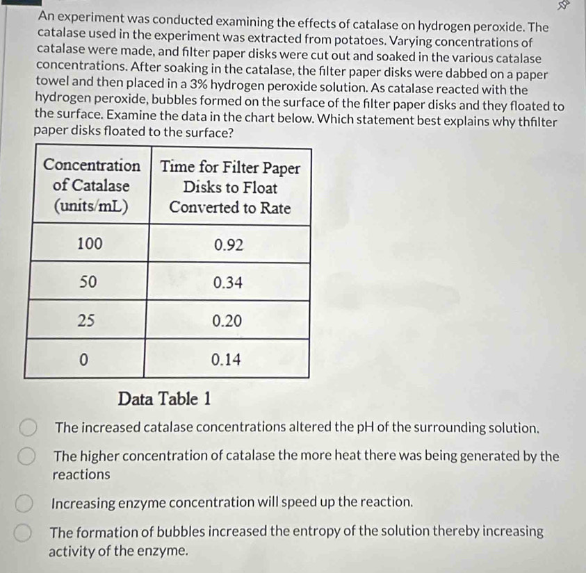 An experiment was conducted examining the effects of catalase on hydrogen peroxide. The
catalase used in the experiment was extracted from potatoes. Varying concentrations of
catalase were made, and flter paper disks were cut out and soaked in the various catalase
concentrations. After soaking in the catalase, the flter paper disks were dabbed on a paper
towel and then placed in a 3% hydrogen peroxide solution. As catalase reacted with the
hydrogen peroxide, bubbles formed on the surface of the flter paper disks and they floated to
the surface. Examine the data in the chart below. Which statement best explains why thflter
paper disks floated to the surface?
Data Table 1
The increased catalase concentrations altered the pH of the surrounding solution.
The higher concentration of catalase the more heat there was being generated by the
reactions
Increasing enzyme concentration will speed up the reaction.
The formation of bubbles increased the entropy of the solution thereby increasing
activity of the enzyme.