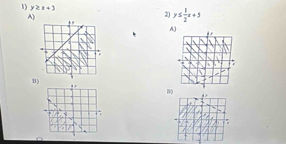 y≥ x+3 2) y≤  1/2 x+5
A)
A)
B)