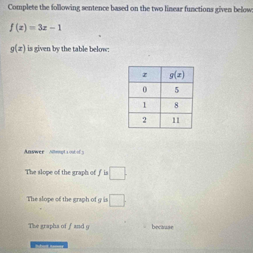 Complete the following sentence based on the two linear functions given below
f(x)=3x-1
g(x) is given by the table below:
Answer Attempt 1 out of 3
The slope of the graph of f is □ .
The slope of the graph of ɡ is □ .
The graphs of f and g because
Subrnl Answer