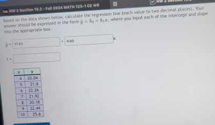 HW 2 Section 10.2 - Fall 2024 MATH 125-1 CE WR
Based on the data shown below, calculate the regression line (each value to two decimal places). Your
answer should be expressed in the form. hat y=b_0+b_1x , where you input each of the intercept and slope
into the appropriate box.
hat y=17.43+0.60 □ 
r=□