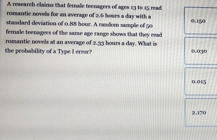 A research claims that female teenagers of ages 13 to 15 read
romantic novels for an average of 2.6 hours a day with a
0.150
standard deviation of 0.88 hour. A random sample of 50
female teenagers of the same age range shows that they read
romantic novels at an average of 2.33 hours a day. What is
the probability of a Type I error? 0.030
0.015
2.170