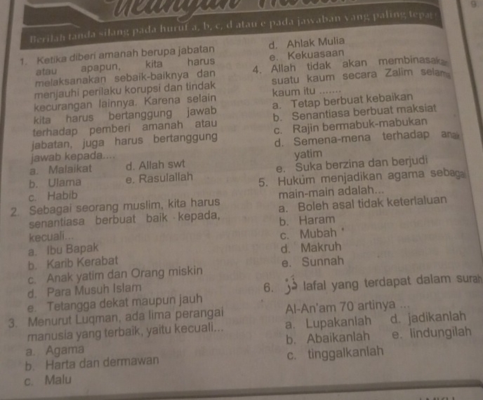 Berilah tanda silang pada huruf a, b, c, d atau e pada jawaban yang paling tepat
1. Ketika diberi amanah berupa jabatan d， Ahlak Mulia
atau apapun, kita harus e. Kekuasaan
melaksanakan sebaik-baiknya dan 4. Allah tidak akan membinasak
menjauhi perilaku korupsi dan tindak suatu kaum secara Zalim selam
kecurangan lainnya. Karena selain kaum itu_
kita harus bertanggung jawab a. Tetap berbuat kebaikan
terhadap pemberi amanah atau b. Senantiasa berbuat maksiat
jabatan, juga harus bertanggung c. Rajin bermabuk-mabukan
jawab kepada.... d. Semena-mena terhadap ana
a. Malaikat d. Allah swt yatim
e. Suka berzina dan berjudi
b. Ulama e. Rasulallah 5. Hukum menjadikan agama sebaga
c. Habib
main-main adalah...
2. Sebagai seorang muslim, kita harus a. Boleh asal tidak keterlaluan
senantiasa berbuat baik kepada,
kecuali... b. Haram
a. Ibu Bapak c. Mubah*
b. Karib Kerabat d. Makruh
c. Anak yatim dan Orang miskin e. Sunnah
d. Para Musuh Islam
6.   lafal yang terdapat dalam surah
e. Tetangga dekat maupun jauh
3. Menurut Luqman, ada lima perangai Al-An'am 70 artinya ...
manusia yang terbaik, yaitu kecuali... a. Lupakaniah d. jadikanlah
a. Agama b. Abaikanlah e. lindungilah
b. Harta dan dermawan c. tinggalkanlah
c. Malu