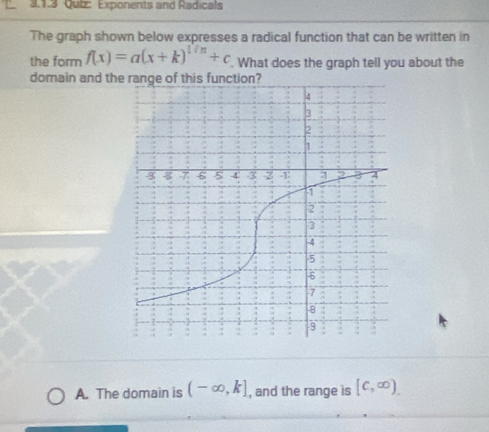 Exponents and Radicals
The graph shown below expresses a radical function that can be written in
the form f(x)=a(x+k)^1/n+c. What does the graph tell you about the
domain and th
A. The domain is (-∈fty ,k] , and the range is [c,∈fty ).