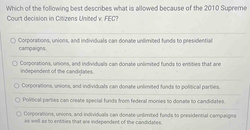 Which of the following best describes what is allowed because of the 2010 Supreme
Court decision in Citizens United v. FEC?
as well as to entities that are independent of the candidates.