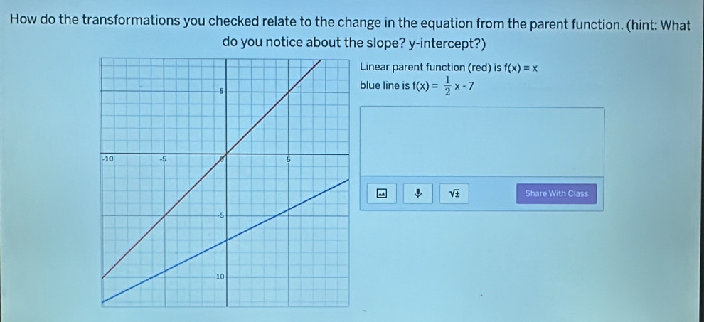 How do the transformations you checked relate to the change in the equation from the parent function. (hint: What
do you notice about the slope? y-intercept?)
Linear parent function (red) is f(x)=x
blue line is f(x)= 1/2 x-7
sqrt(± ) Share With Class