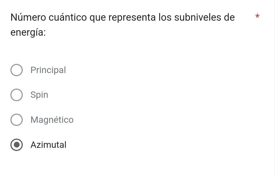 Número cuántico que representa los subniveles de €*
energía:
Principal
Spin
Magnético
Azimutal