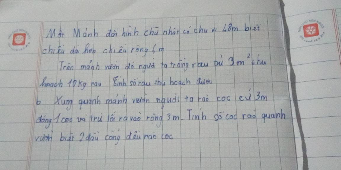 Mit Manh doi hinh chúnhan cochu vi ∠ 8m blei 
chién dài Ron chièu rong 6m
Tren mành ràon do nguài ta troing rau pu 3m^2 thu 
beach To kg hau Einh sordu shu boach duet 
b Xung quanh mánh ruiàn mquài ta raò coc ei3m 
dōng (ceo và trù lǎi ravao ròng 3m. Tinh so coo rao quanh 
vuoh biài 2 dau cōng dèi hao loo