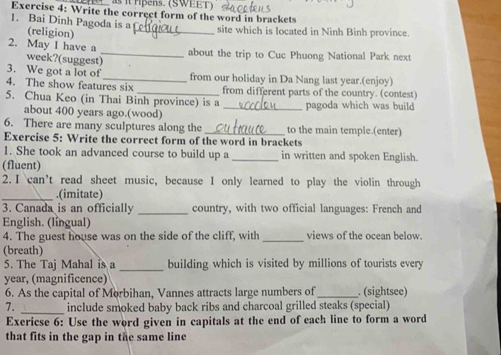 as it ripens. (SWEET) 
Exercise 4: Write the correct form of the word in brackets 
1. Bai Dinh Pagoda is a 
(religion) 
_site which is located in Ninh Binh province. 
2. May I have a _about the trip to Cuc Phuong National Park next 
week?(suggest) 
3. We got a lot of_ from our holiday in Da Nang last year.(enjoy) 
4. The show features six _from different parts of the country. (contest) 
5. Chua Keo (in Thai Binh province) is a _pagoda which was build 
about 400 years ago.(wood) 
6. There are many sculptures along the _to the main temple.(enter) 
Exercise 5: Write the correct form of the word in brackets 
1. She took an advanced course to build up a _in written and spoken English. 
(fluent) 
2. I can’t read sheet music, because I only learned to play the violin through 
_.(imitate) 
3. Canada is an officially _country, with two official languages: French and 
English. (língual) 
4. The guest house was on the side of the cliff, with _views of the ocean below. 
(breath) 
5. The Taj Mahal is a _building which is visited by millions of tourists every
year, (magnificence) 
6. As the capital of Morbihan, Vannes attracts large numbers of _. (sightsee) 
7. _include smoked baby back ribs and charcoal grilled steaks (special) 
Exericse 6: Use the word given in capitals at the end of each line to form a word 
that fits in the gap in the same line