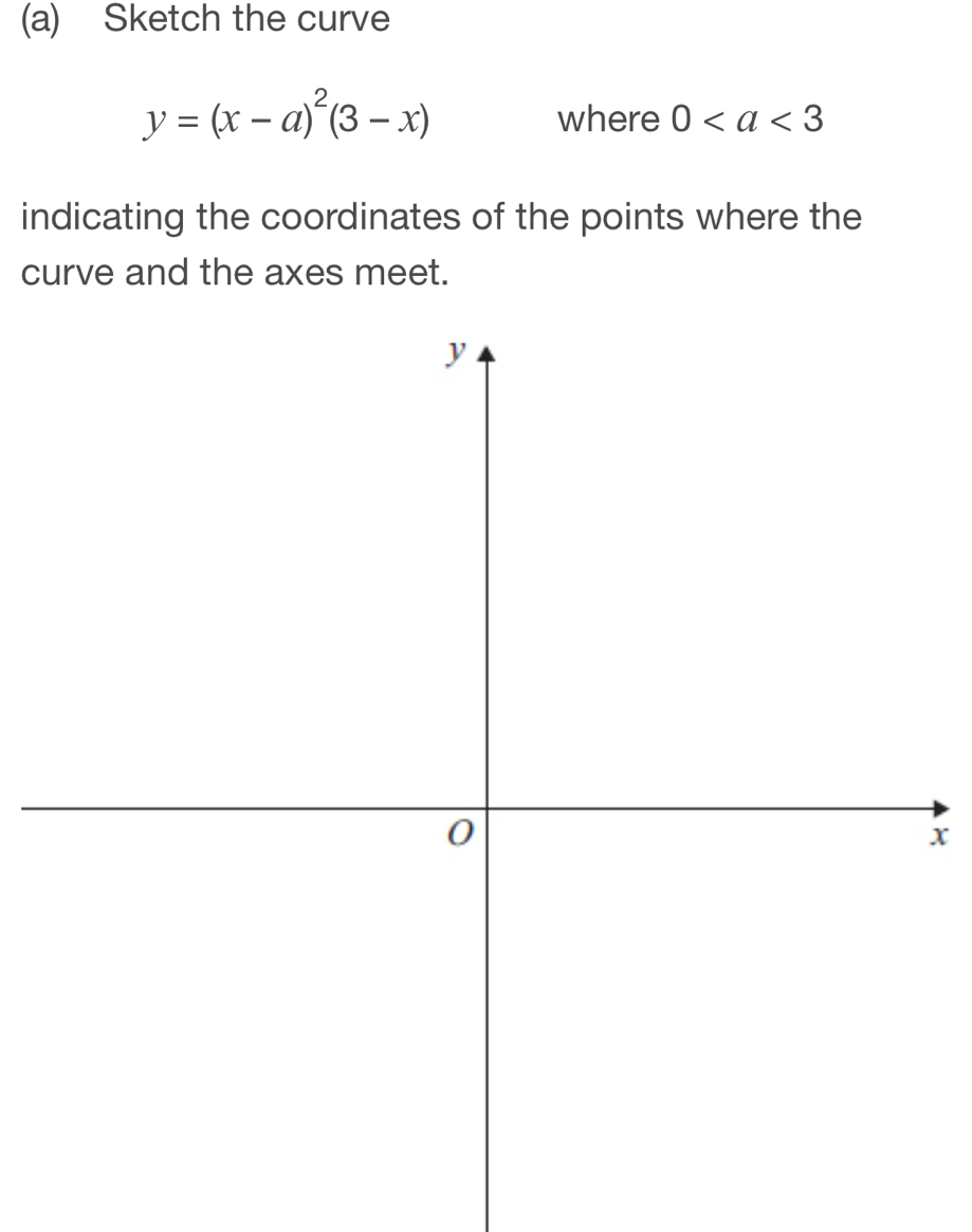 Sketch the curve
y=(x-a)^2(3-x)
where 0
indicating the coordinates of the points where the 
curve and the axes meet.
x