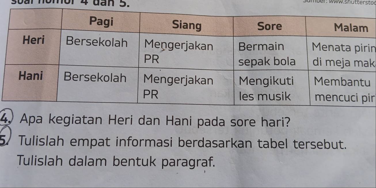 soal nomor 4 dan 5. 
umber: Www.shütterstod 
n 
k 
r 
4. Apa kegiatan Heri dan Hani pada sore hari? 
5. Tulislah empat informasi berdasarkan tabel tersebut. 
Tulislah dalam bentuk paragraf.