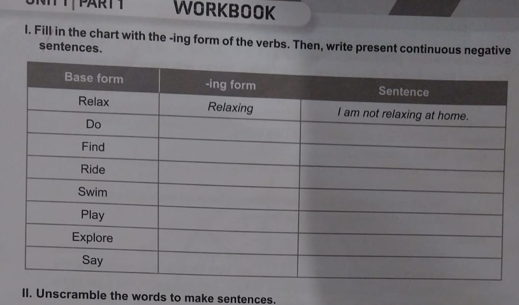 UNTT T|PARTT WORKBOOK 
l. Fill in the chart with the -ing form of the verbs. Then, write present continuous negative 
sentences. 
II. Unscramble the words to make sentences.