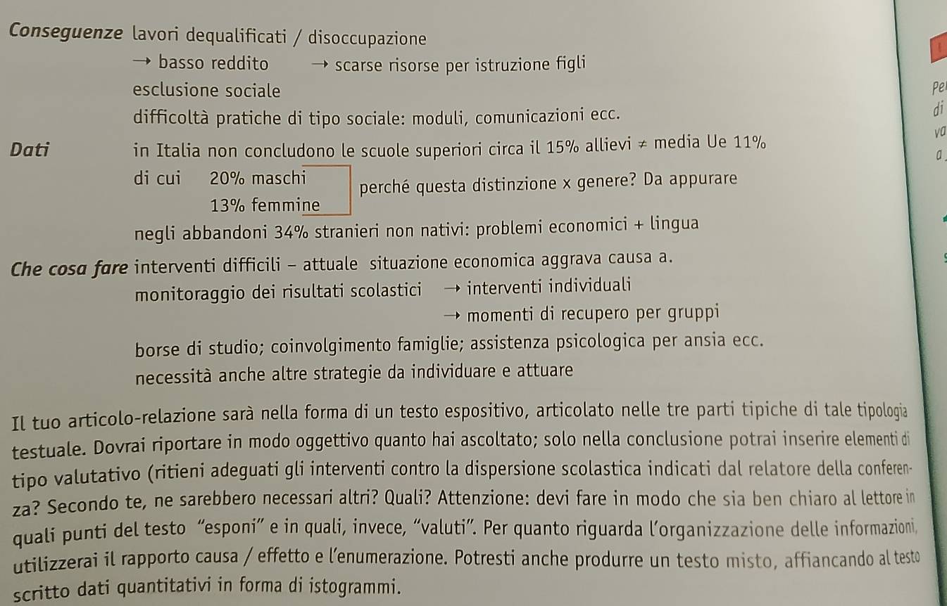 Conseguenze lavori dequalificati / disoccupazione
basso reddito → scarse risorse per istruzione figli
esclusione sociale Pe
difficoltà pratiche di tipo sociale: moduli, comunicazioni ecc.
di
va
Dati in Italia non concludono le scuole superiori circa il 15% allievi ≠ media Ue 11%
a
di cui 20% maschi
perché questa distinzione x genere? Da appurare
13% femmine
negli abbandoni 34% stranieri non nativi: problemi economici + lingua
Che cosɑ fare interventi difficili - attuale situazione economica aggrava causa a.
monitoraggio dei risultati scolastici interventi individuali
momenti di recupero per gruppi
borse di studio; coinvolgimento famiglie; assistenza psicologica per ansia ecc.
necessità anche altre strategie da individuare e attuare
Il tuo articolo-relazione sarà nella forma di un testo espositivo, articolato nelle tre parti tipiche di tale tipologia
testuale. Dovrai riportare in modo oggettivo quanto hai ascoltato; solo nella conclusione potrai inserire elementi di
tipo valutativo (ritieni adeguati gli interventi contro la dispersione scolastica indicati dal relatore della conferen
za? Secondo te, ne sarebbero necessari altri? Quali? Attenzione: devi fare in modo che sia ben chiaro al lettore in
quali punti del testo “esponi” e in quali, invece, “valuti”. Per quanto riguarda l’organizzazione delle informazioni,
utilizzerai il rapporto causa / effetto e lenumerazione. Potresti anche produrre un testo misto, affiancando al testo
scritto dati quantitativi in forma di istogrammi.