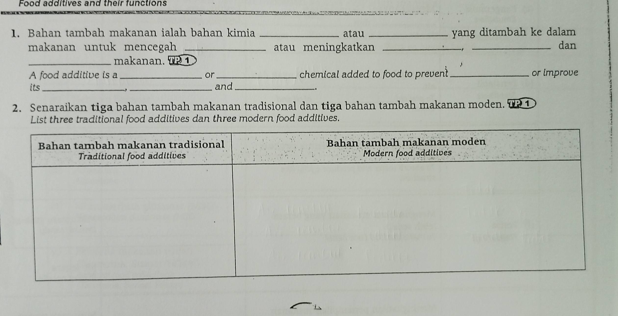 Food additives and their functions 
1. Bahan tambah makanan ialah bahan kimia _atau _yang ditambah ke dalam 
makanan untuk mencegah _atau meningkatkan _-1 _dan 
_makanan. T 1 
A food additive is a _or_ chemical added to food to prevent _or improve 
its __and_ 
2. Senaraikan tiga bahan tambah makanan tradisional dan tiga bahan tambah makanan moden. TR 1 
List three traditional food additives dan three modern food additives.