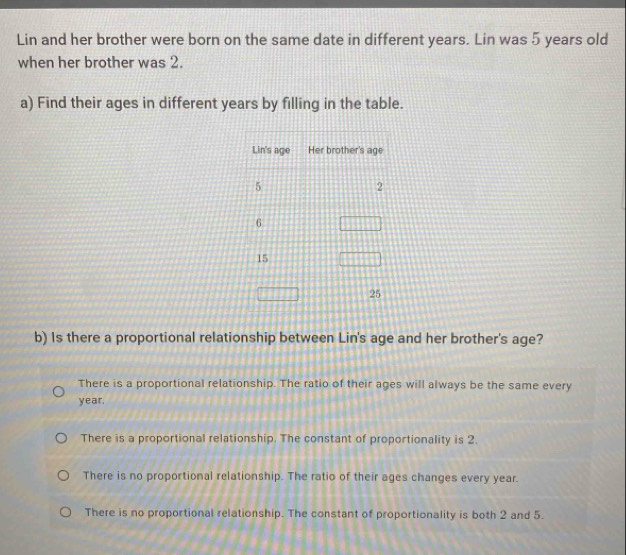 Lin and her brother were born on the same date in different years. Lin was 5 years old
when her brother was 2.
a) Find their ages in different years by filling in the table.
b) Is there a proportional relationship between Lin's age and her brother's age?
There is a proportional relationship. The ratio of their ages will always be the same every
year.
There is a proportional relationship. The constant of proportionality is 2.
There is no proportional relationship. The ratio of their ages changes every year.
There is no proportional relationship. The constant of proportionality is both 2 and 5.