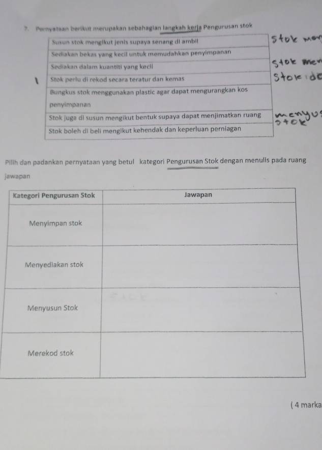 Pemystaan berikut merupakan sebahagian langkah kerja Pengurusan stok 
Pilih dan padankan pernyataan yang betul kategori Pengurusan Stok dengan menulls pada ruang 
jawapan 
( 4 marka