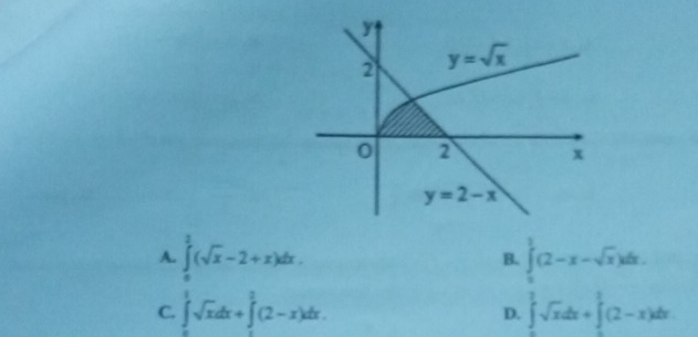 A. ∈tlimits _0^(2(sqrt x)-2+x)dx. ∈tlimits _0^(1(2-x-sqrt x))dx.
B.
C. ∈tlimits _0^(1sqrt x)dx+∈tlimits _1^(2(2-x)dx. ∈tlimits _0^1sqrt x)dx+∈tlimits _0^1(2-x)dx
D.