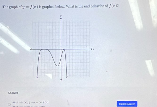 The graph of y=f(x) is graphed below. What is the end behavior of f(x) ? 
Answer
asxto ∈fty , yto -∈fty and Submit Answer