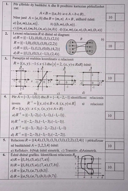 Për çfërëdo dy bashkësi A dhe B prodhimi kartezian përkufizohet
me:
A* B= (a,b):a∈ Awedge b∈ B ,
Nëse janë A= a,b dhe B= m,n A* B , atëherë është: 10
a)  (a,m),(a,n) . b)  (b,m),(b,n) .
c)  (m,a),(m,b),(n,a),(n,b) -1 1)  (a,m),(a,n),(b,m),(b,n)
2.  Lexoni relacionin R të dhënë në diagram:
a) R= (-1,1),(0,0),(1,1),(2,1) b)
R= (-1,0),(0,1),(1,0),(2,2)
c) R= (1,-1),(1,1),(0,0),(4,2) 10
d) R= (1,1),(0,1),(-1,1),(2,4) .
3. Paraqitja në rrafshin koordinativ e relacionit
R= (x,y):-1≤ x≤ 1 dhe |y|=2,(x,y)∈ RxR është:
y 2 y
2
10
.1 0  1  -2 0 2x
-1
-2
a) b) c) d)
4. Për A= -3,-1,0,1 dhe B= -4,-2,-1 identifikoni relacionin
invers R^(-1)= (y,x)∈ B* A:(x,y)∈ R tē relacionit
R= (x,y):x≤ y,(x,y)∈ A* B :
a) R^(-1)= (-3,-2),(-3,-1),(-1,-1) . 10
b) R^(-1)= (-2,-3),(-1,-3),(-1,-1) .
c) R^(-1)= (-3,-3),(-2,-2),(-1,-1)
d) R^(-1)= (-2,-3),(-3,-1),(-2,-2) .
5. Relacioni R= (4,4),(3,3),(1,3),(3,1),(2,2),(2,4) i përkufizuar
në bashkësinë A= 1,2,3,4 është: 10
a) Refleksiv. b)Nuk është simetrik. c) Transitiv. d)Asimetrik.
6. Eshtë dhënë grafiku. Identifikoni relacionin R_B
a) R= (1,b),(5,a),(7,a) . 7
b) R= (1,b),(5,a),(7,a),(7,b) . 5
10
c) R= (a,5),(a,7),(b,1) . 3 1 .
d) R= (a,5),(a,7),(b,1),(b,7) .
b c A