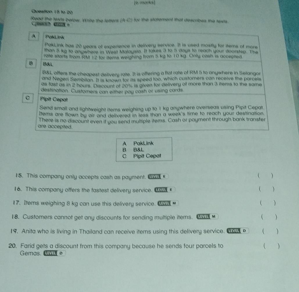 to 20
Read the texts below. Write the letters ( for the statement that describes the texts.
A PakLink
PakLink has 20 years of experience in delivery service. It is used mostly for items of more
than 5 kg to anywhere in West Malaysia. It takes 3 to 5 days to reach your doorstep. The
rate starts from RM 12 for items weighing from 5 kg to 10 kg. Only cash is accepted.
B B&L
B&L offers the cheapest delivery rate. It is offering a flat rate of RM 5 to anywhere in Selangor
and Negeri Sembilan. It is known for its speed too, which customers can receive the parcels
as fast as in 2 hours. Discount of 20% is given for delivery of more than 3 ltems to the same
destination. Customers can either pay cash or using cards.
C Piplt Cepat
Send small and lightweight items weighing up to 1 kg anywhere overseas using Pipit Cepat.
tems are flown by air and delivered in less than a week's time to reach your destination.
There is no discount even if you send multiple items. Cash or payment through bank transfer
are accepted.
A PakLink
B B&L
C Pipit Cepat
15. This company only accepts cash as payment. a £  )
16. This company offers the fastest delivery service. O  )
17. Items weighing 8 kg can use this delivery service. O  )
18. Customers cannot get any discounts for sending multiple items. a M  )
19. Anita who is living in Thailand can receive items using this delivery service. O p  )
20. Farid gets a discount from this company because he sends four parcels to  )
Gemas. la D