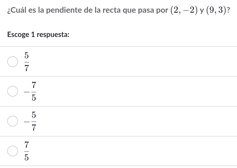 ¿Cuál es la pendiente de la recta que pasa por (2,-2) y (9,3) ?
Escoge 1 respuesta:
 5/7 
- 7/5 
- 5/7 
 7/5 