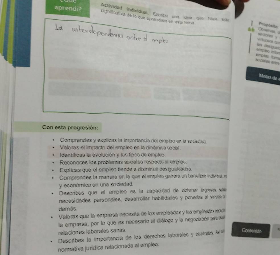 Actividad individual. Escabe una idea que haya sido 
aprendi? significativa de lo que aprendiste en este tema 
Propósita: 
Observas, d 
sectores y 
vituasos co 
las desiguas 
emplão ínfor 
emplão form 
sociales enze 
Metas de a 
Con esta progresión: 
Comprendes y explicas la importancia del empleo en la socíedad. 
Valoras el impacto del empleo en la dinámica social. 
Identificas la evolución y los tipos de empleo. 
Reconoces los problemas sociales respecto al empleo. 
Explicas que el empleo tiende a disminuir desigualdades. 
Comprendes la manera en la que el empleo genera un benefició individual, su 
y económico en una sociedad. 
Describes que el empleo es la capacidad de obtener ingresos, sartstn 
necesidades personales, desarrollar habilidades y ponerlas al servid 
demás. 
Valoras que la empresa necesita de los empleados y los empleados neces 
la empresa, por lo que es necesario el diálogo y la negociación para est 
relaciones laborales sanas. 
Describes la importancía de los derechos laborales y contratos. Así Contenido 
normativa jurídica relacionada al empleo.