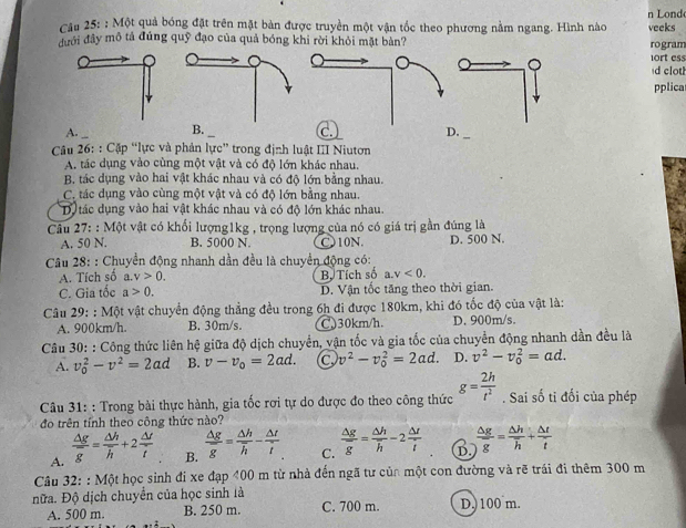 Lond
Cầu 25: : Một quả bóng đặt trên mặt bàn được truyền một vận tốc theo phương nằm ngang. Hình nào veeks
đưới đầy mô tả đúng quỹ đạo của quả bóng khi rời khỏi mặt bàn? rogram
10rt ess
d clot
pplica
A. __ C. D._
Câu 26: : Cặp “lực và phản   ực' trong định luật III Niuton
A. tác dụng vào cùng một vật và có độ lớn khác nhau.
B. tác dụng vào hai vật khác nhau và có độ lớn bằng nhau.
C. tác dụng vào cùng một vật và có độ lớn bằng nhau.
Dộ tác dụng vào hai vật khác nhau và có độ lớn khác nhau.
Câu 27::Mphi t vật có khối lượng1kg , trọng lượng của nó có giá trị gần đúng là
A. 50 N. B. 5000 N. C10N. D. 500 N.
Câu 28: : Chuyển động nhanh dần đều là chuyển động có:
A. Tích số a.y>0.
a.v<0.
C. Gia tốc a>0. Bộ Tích số D. Vận tốc tăng theo thời gian.
Câu 29 ::Mhat Qt : vật chuyển động thẳng đều trong 6h đi được 180km, khi đó tốc độ của vật là:
A. 900km/h. B. 30m/s. C)30km/h. D. 900m/s.
Câu 30: : Công thức liên hệ giữa độ dịch chuyển, vận tốc và gia tốc của chuyển động nhanh dần đều là
A. v_0^(2-v^2)=2ad B. v-v_0=2ad. a v^2-v_0^(2=2ad. D. v^2)-v_0^(2=ad.
Câu 31: : Trong bài thực hành, gia tốc rơi tự do được đo theo công thức g=frac 2h)t^2. Sai số ti đối của phép
đo trên tính theo công thức nào?
A.  △ g/g = △ h/h +2 △ f/t  B.  △ g/g = △ h/h - △ t/t  C.  △ g/g = △ h/h -2 △ t/t  D.  △ g/g = △ h/h + △ t/t 
Câu 32: : Một học sinh đi xe đạp 400m từ nhà đến ngã tư củn một con đường và rẽ trái đi thêm 300 m
Đữa. Độ dịch chuyển của học sinh là C. 700 m. D. 100 m.
A. 500 m. B. 250 m.
