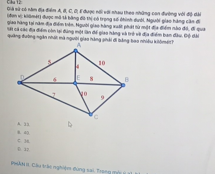 Giả sử có năm địa điểm A, B, C, D, E được nối với nhau theo những con đường với độ dài
(đơn vị: kilômét) được mô tả bằng đồ thị có trọng số ởhình dưới. Người giao hàng cần đi
giao hàng tại năm địa điểm trên. Người giao hàng xuất phát từ một địa điểm nào đó, đi qua
tất cả các địa điểm còn lại đùng một lần đế giao hàng và trở về địa điểm ban đầu. Độ dài
quãng đường ngắn nhất mà người giao hàng phải đi bằng bao nhiêu kilômét?
A. 33.
B. 40.
C. 36.
D. 32.
PHAN II. Câu trác nghiệm đúng sai. Trong môi ý at