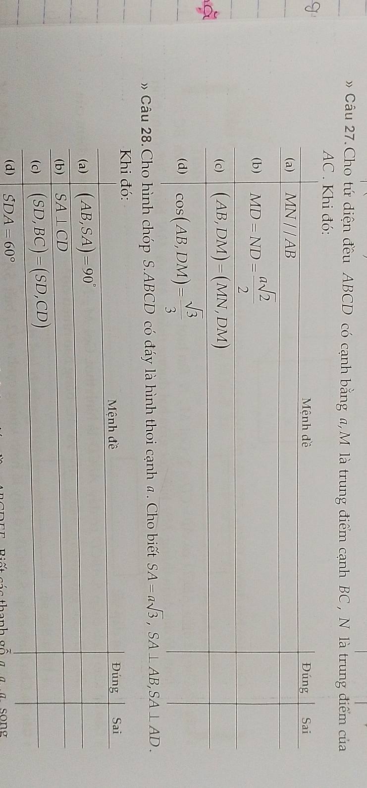 » Câu 27.Cho tứ diện đều ABCD có cạnh bằng a,M là trung điểm cạnh BC , N là trung điểm của
AC . Khi đó:
Câu 28.Cho hình chóp S.ABCD có đáy là hình thoi cạnh a. Cho biết SA=asqrt(3),SA⊥ AB,SA⊥ AD.
i ế t  c  á c  tha nh g ố   g