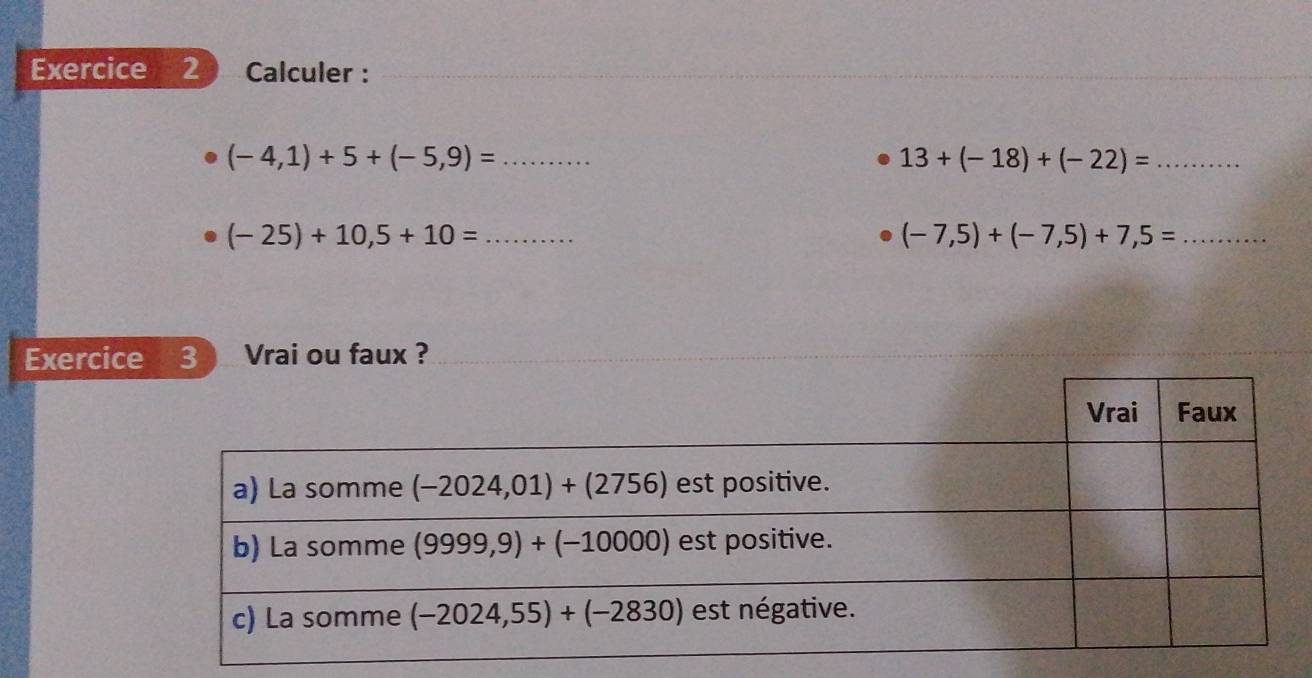 Calculer :
_ (-4,1)+5+(-5,9)=
13+(-18)+(-22)= _
_ (-25)+10,5+10=
_ (-7,5)+(-7,5)+7,5=
Exercice 3 Vrai ou faux ?