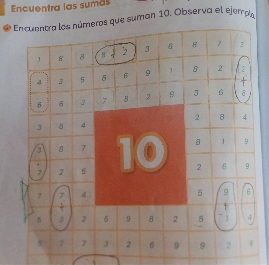 Encuentra las sumas 
Encuentra los números que suman 10. Observa el ejemplo,