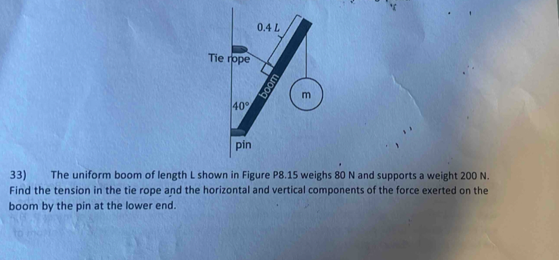 The uniform boom of length L shown in Figure P8.15 weighs 80 N and supports a weight 200 N.
Find the tension in the tie rope and the horizontal and vertical components of the force exerted on the
boom by the pin at the lower end.