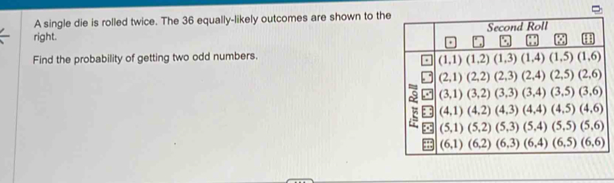 A single die is rolled twice. The 36 equally-likely outcomes are shown to the
right. 
Find the probability of getting two odd numbers.