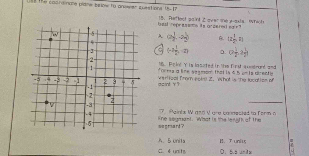 Use the coordinate plane below to answer questions 15-17
15. Reflect poin! Z over the y-axis. Which
best represents its ordered pair?
A. (2 1/2 ,-2 1/2 ) B. (2 1/2 ,2)
(-2 1/2 ,-2) D. (2 1/2 ,2 1/2 )
16. Point Y is located in the first quadrant and
forms a line segment that is 4.5 unils directly 
vertical from point Z. What is the location of
point Y?
_
17. Points W and V are connected to form a
line sagment. What is the length of the
segment ?
A. 5 units B. 7 units
C. 4 units D. 5.5 units
5