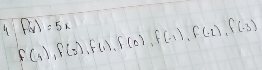 F(x)=5x
4 f(4), f(5), f(1), f(0), f(-1), f(-2), f(-3)