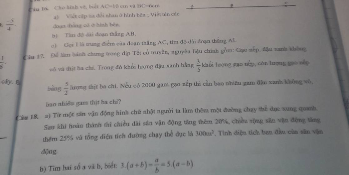 Cho hình vệ, biệt AC=10cm và BC=6cm^(B 
c 
a) Viết cập tia đổi nhau ở hình bên ; Viết tên các 
). frac -5)4. đoạn thắng có ở hình bên. 
b) Tìm độ dài đoạn thẳng AB. 
c) Gọi I là trung điểm của đoạn thẳng AC, tìm độ dài đoạn thắng AI.
 1/6 - Câu 17. Để làm bánh chưng trong dịp Tết cổ truyền, nguyên liệu chính gồm: Gạo nếp, đậu xanh không 
vỏ và thịt ba chỉ. Trong đó khối lượng đậu xanh bằng  3/5  khối lượng gạo nếp, còn lượng gạo nếp 
cây. E 
bàng  5/2  lượng thịt ba chỉ. Nếu có 2000 gam gạo nếp thì cần bao nhiêu gam đậu xanh không vỏ, 
bao nhiêu gam thịt ba chi? 
Câu 18. a) Từ một sân vận động hình chữ nhật người ta làm thêm một đường chạy thể dục xung quanh. 
Sau khi hoàn thành thì chiều dài sân vận động tăng thêm 20%, chiều rộng sân vận động tăng 
_ 
thêm 25% và tổng diện tích đường chạy thể dục là 300m^2. Tinh diện tích ban đầu của sân vận 
động. 
b) Tìm hai số a và b, biết: 3.(a+b)= a/b =5.(a-b)