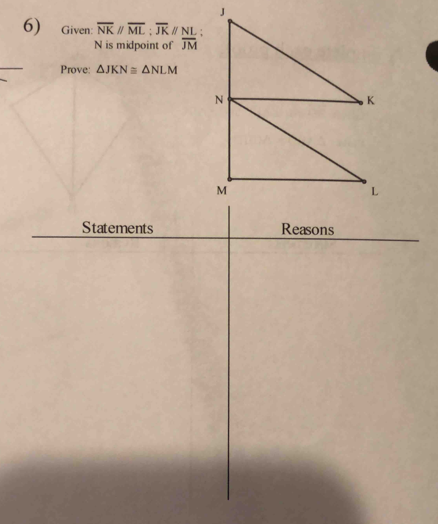 Given: overline NK//overline ML; overline JK//NL
N is midpoint of overline JM
_ 
Prove: △ JKN≌ △ NLM