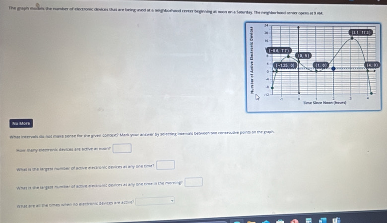 The graph models the number of electronic devices that are being used at a neighborhood center beginning at noon on a Saturday. The neighborhood center opens at 9 AM
No More
What intervals do not make sense for the given context? Mark your answer by selecting intervals between two consecutive points on the graph.
How many electronic devices are active at noon? □ 
What is the largest number of active electronic devices at any one time? □ 
What is the largest number of active electronic devices at any one time in the morning? □ 
What are all the times when no electronic devices are active? □