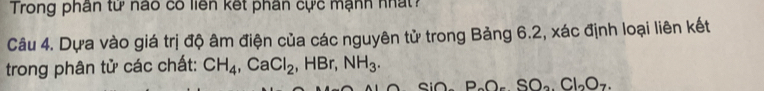 Trong phân từ nao có liên kết phân cực mạnh nhất? 
Câu 4. Dựa vào giá trị độ âm điện của các nguyên tử trong Bảng 6.2, xác định loại liên kết 
trong phân tử các chất: CH_4, CaCl_2 , HE Br, NH_3.
P_2O_5SO_2Cl_2O_7.