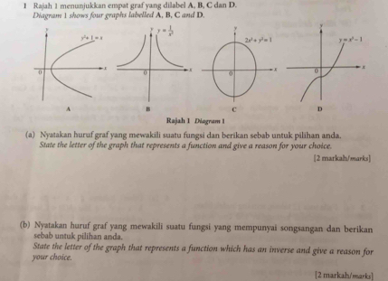 Rajah 1 menunjukkan empat graf yang dilabel A, B, C dan D.
Diagram 1 shows four graphs labelled A, B, C and D.
Rajah 1 Diagram 1
(a) Nyatakan huruf graf yang mewakili suatu fungsi dan berikan sebab untuk pilihan anda.
State the letter of the graph that represents a function and give a reason for your choice.
[2 markah/marks]
(b) Nyatakan huruf graf yang mewakili suatu fungsi yang mempunyai songsangan dan berikan
sebab untuk pilihan anda.
State the letter of the graph that represents a function which has an inverse and give a reason for
your choice.
[2 markah/marks]