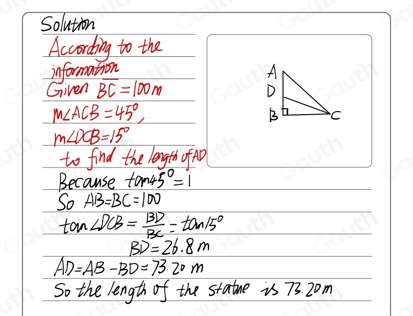 Solved: A statue stands on the top of a column. The angles subtend by ...