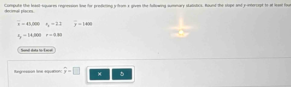 Compute the least-squares regression line for predicting y from x given the following summary statistics. Round the slope and y-intercept to at least four 
decimal places.
overline x=43,000 s_x=2.2 overline y=1400
s_y=14,000 r=0.80
Send data to Excel 
Regression line equation: widehat y=□ ×