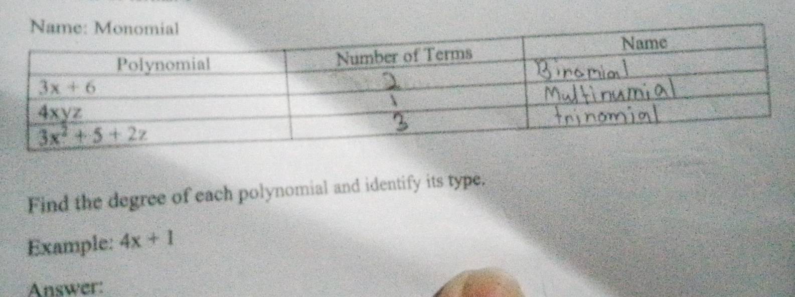 Find the degree of each polynomial and identify its type:
Example: 4x+1
Answer: