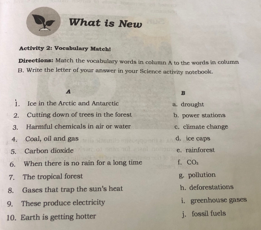 What is New
Activity 2: Vocabulary Match!
Directions: Match the vocabulary words in column A to the words in column
B. Write the letter of your answer in your Science activity notebook.
A
B
1. Ice in the Arctic and Antarctic a. drought
2. Cutting down of trees in the forest b. power stations
3. Harmful chemicals in air or water c. climate change
4. Coal, oil and gas d. ice caps
5. Carbon dioxide e. rainforest
6. When there is no rain for a long time f. CO_2
7. The tropical forest g. pollution
8. Gases that trap the sun’s heat h. deforestations
9. These produce electricity i. greenhouse gases
10. Earth is getting hotter j. fossil fuels