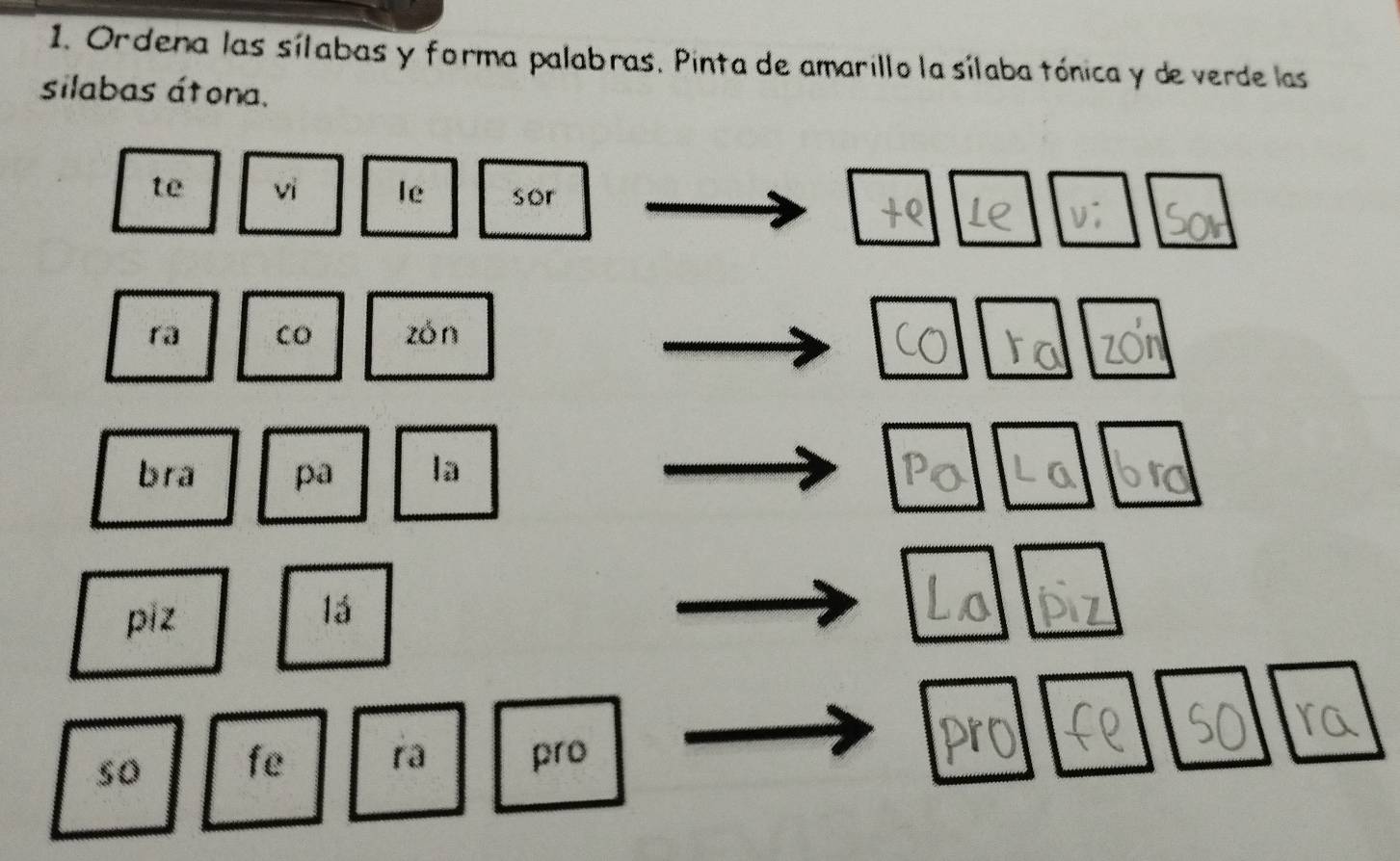 Ordena las sílabas y forma palabras. Pinta de amarillo la sílaba tónica y de verde las 
silabas átona. 
te vi le sor 
ra CO zon 
bra pa la 
piz 
lá 
so fe ra pro