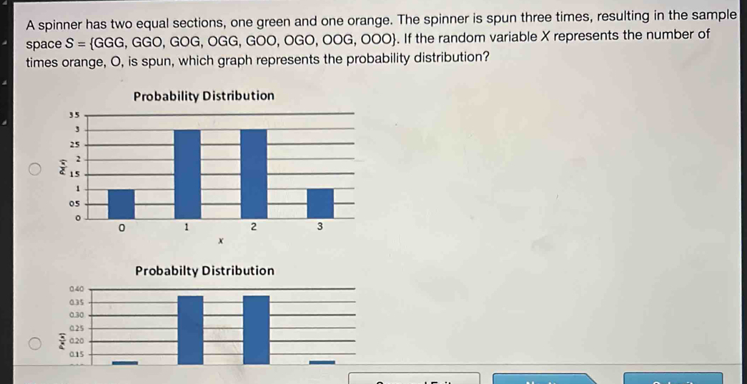 Solved: A spinner has two equal sections, one green and one orange. The ...