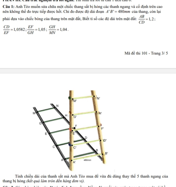 Anh Tèo muốn sửa chữa một chiếc thang sắt bị hóng các thanh ngang và cổ định trên cao
hên không thể đo trực tiếp được hết. Chi đo được độ dài đoạn A'B'=480mm của thang, còn lại
phải dựa vào chiếc bóng của thang trên mặt đất, Biết tỉ số các độ dài trên mặt đất:  AB/CD =1,2;
 CD/EF =1,0582; EF/GH =1,05; GH/MN =1,04.
Mã đề thi 101 - Trang 3/ 5
Tính chiều dài của thanh sắt mà Anh Tèo mua đề vừa đủ dùng thay thế 5 thanh ngang của
thang bị hóng (kết quả làm tròn đến hàng đơn vị).