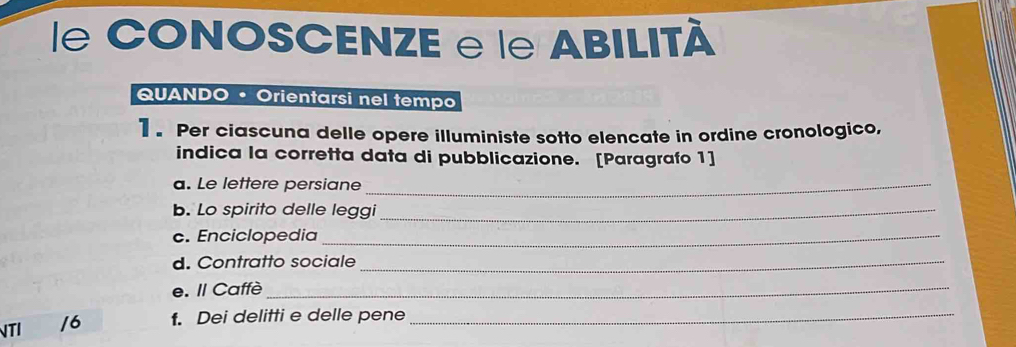 le CONOSCENZE e le ABILITÀ 
QUANDO • Orientarsi nel tempo 
1 . Per ciascuna delle opere illuministe sotto elencate in ordine cronologico, 
indica la corretta data di pubblicazione. [Paragrafo 1] 
a. Le lettere persiane_ 
b. Lo spirito delle leggi_ 
c. Enciclopedia_ 
d. Contratto sociale_ 
e. Il Caffè_ 
NTI ₹/6 f. Dei delitti e delle pene_