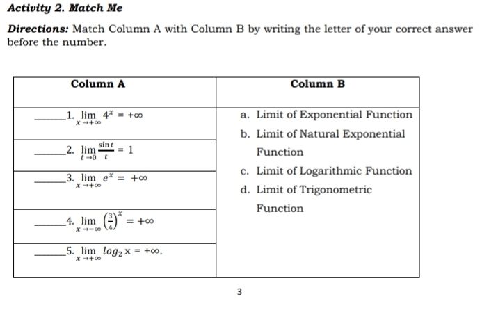 Activity 2. Match Me
Directions: Match Column A with Column B by writing the letter of your correct answer
before the number.
3