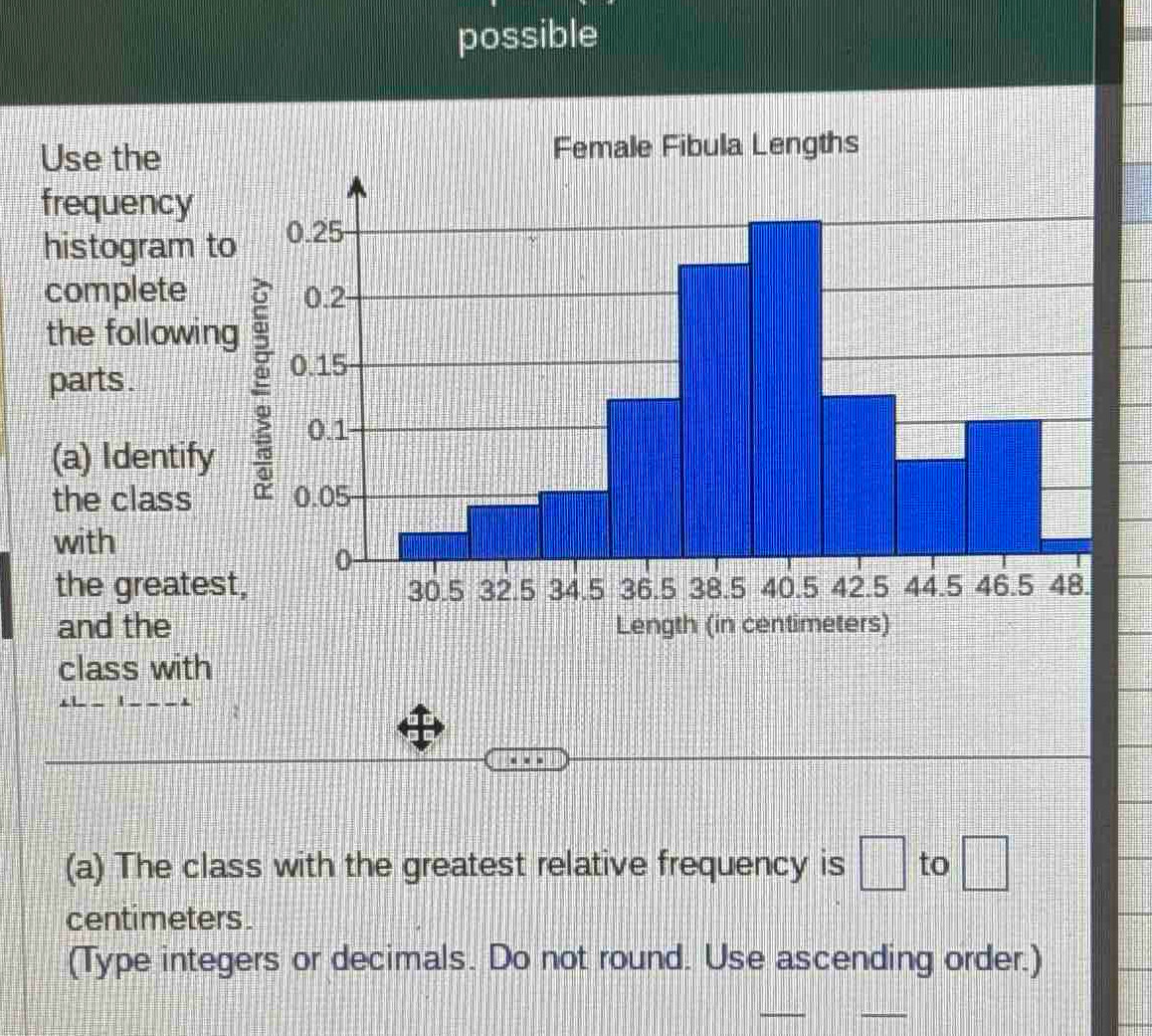 possible 
Use the Female Fibula Lengths 
frequency 
histogram to 
complete 
the following 
parts . 
(a) Identify 
the class 
with 
the greatest, 
and the 
class with 
(a) The class with the greatest relative frequency is □ to □
centimeters. 
(Type integers or decimals. Do not round. Use ascending order.)